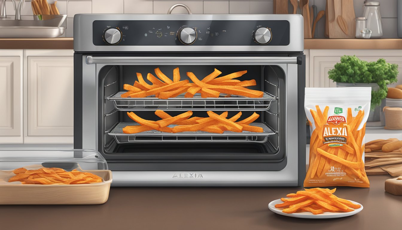 A bag of Alexia sweet potato fries sits unopened on a kitchen counter, next to a baking sheet and a preheated oven