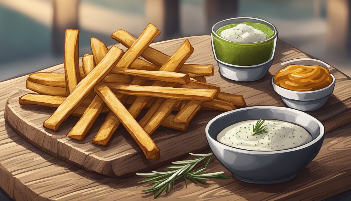 Freshly baked rosemary fries on a rustic wooden cutting board, with a sprinkle of sea salt and a side of dipping sauce