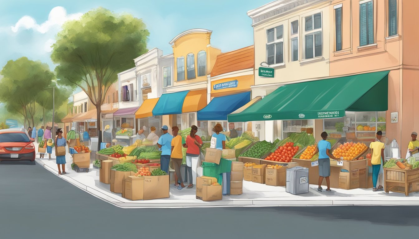 A bustling street corner with various local businesses donating fresh produce and groceries to a community fridge in Coral Springs, FL