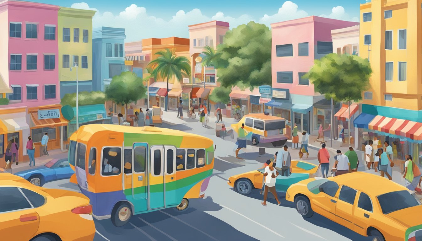 A bustling street in Hialeah, FL, where a colorful community fridge stands, surrounded by diverse buildings and people