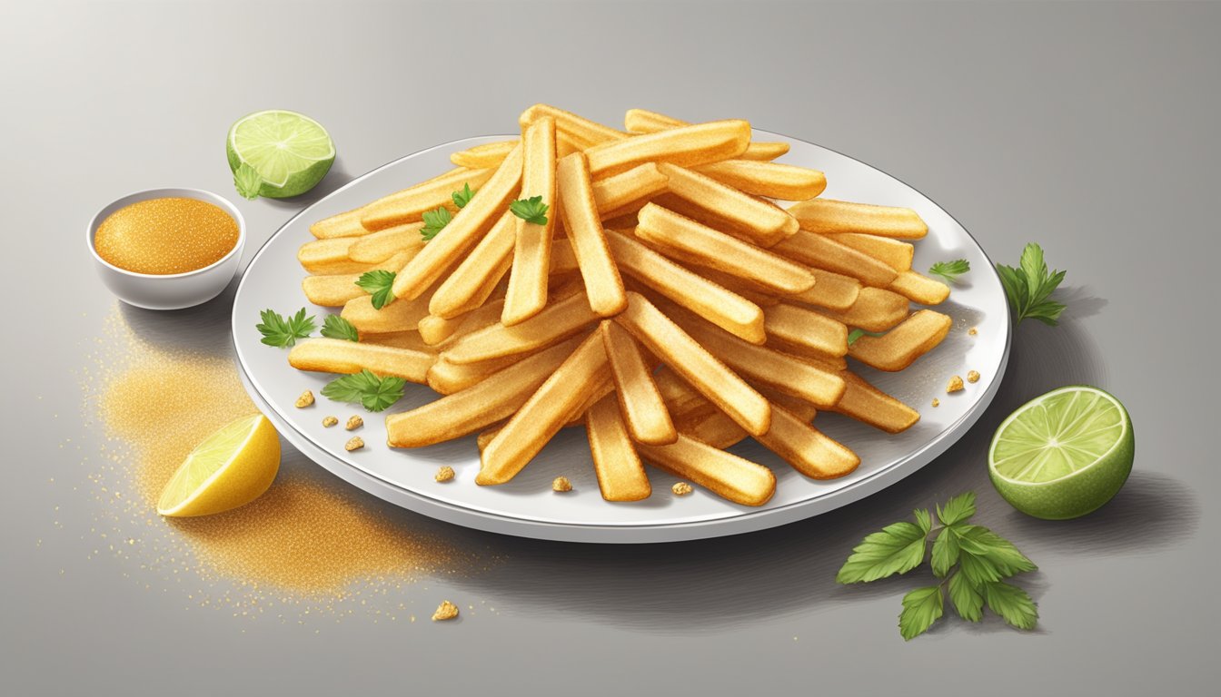 A plate of golden waffle cut fries with a sprinkling of seasoning, arranged neatly on a white ceramic plate