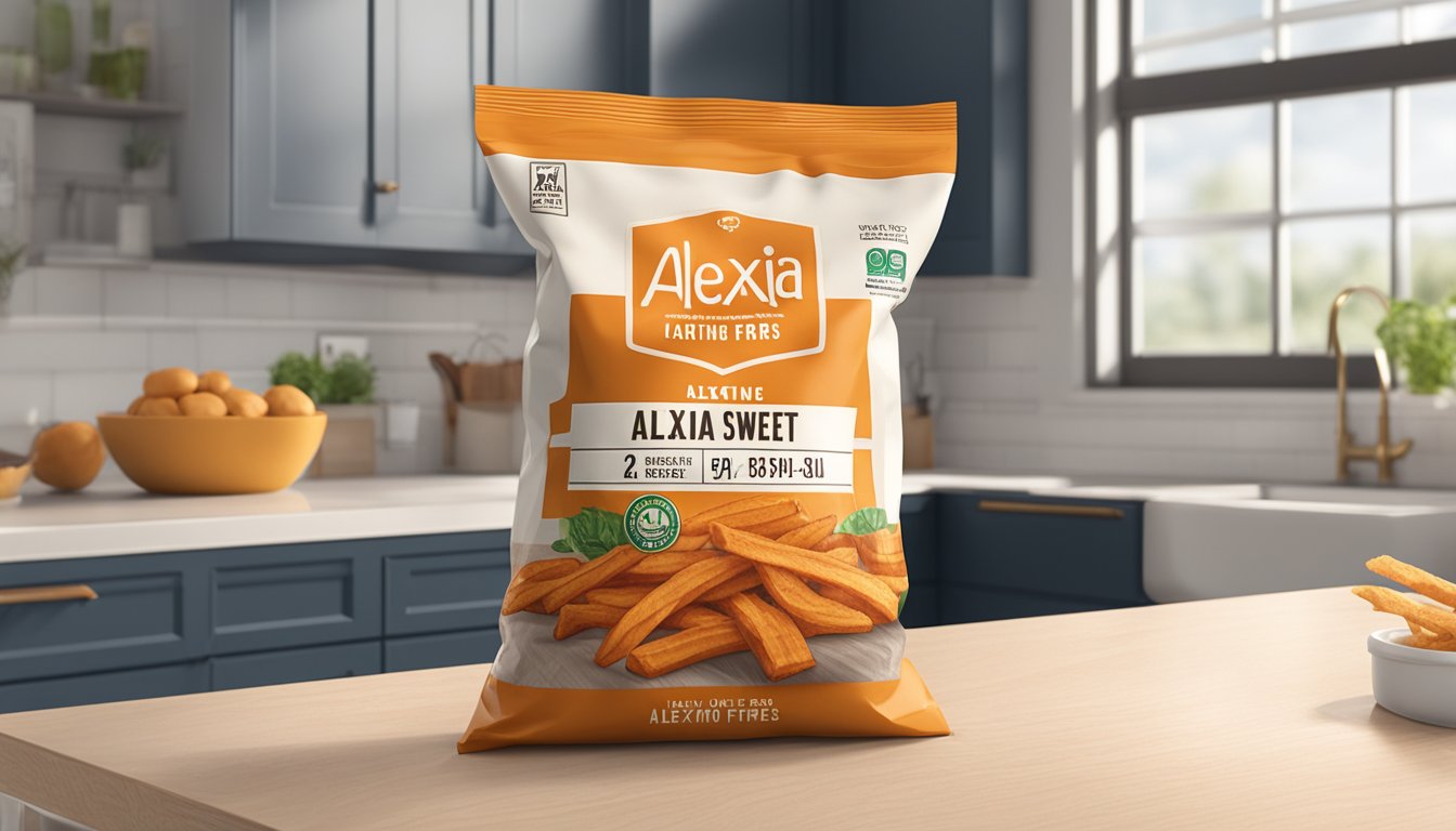 A bag of Alexia sweet potato fries sits on a kitchen counter, with a clear expiration date label visible