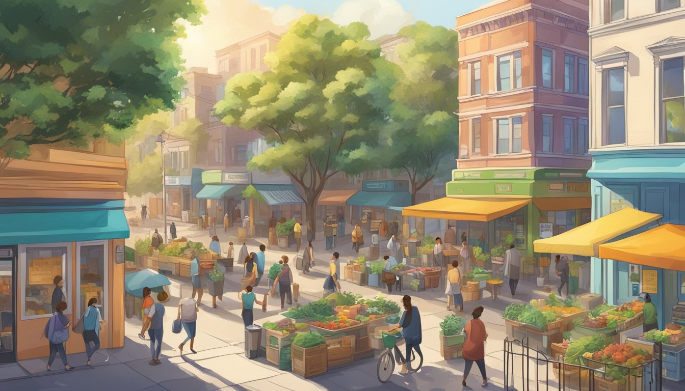 A bustling street corner with colorful community fridges, surrounded by diverse buildings and greenery. The sun is shining, and people are coming and going, dropping off and picking up food