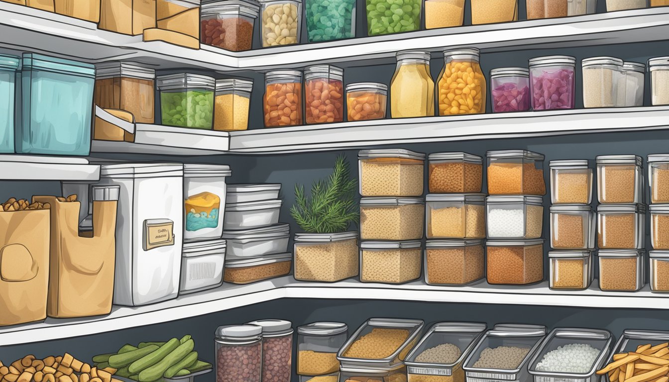 A pantry shelf with a labeled container of Alexia rosemary fries, surrounded by other frozen food items