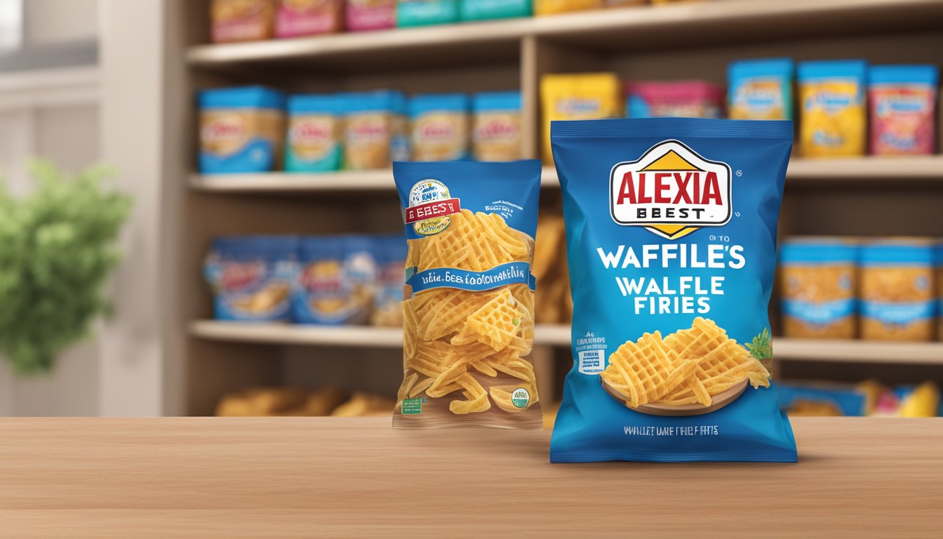 A bag of Alexia seasoned waffle fries sits unopened on a shelf in a pantry, with a "best by" date visible on the packaging