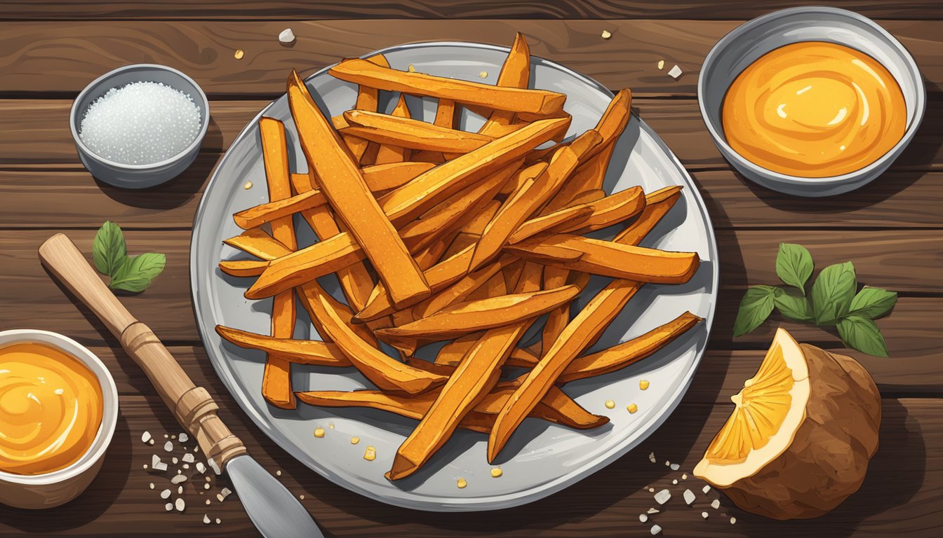 A plate of golden sweet potato fries sits on a rustic wooden table, surrounded by a sprinkle of sea salt and a drizzle of honey, evoking a sense of warmth and comfort