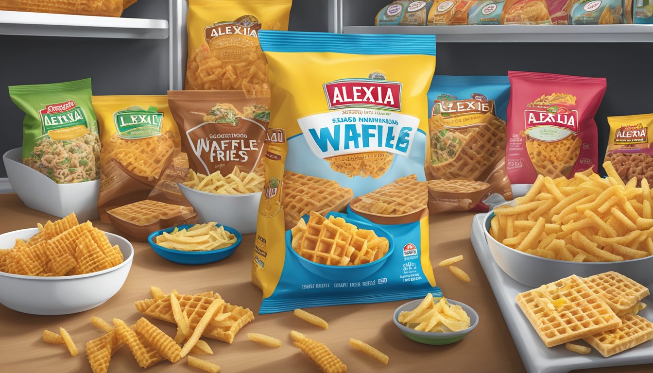 A bag of Alexia seasoned waffle fries is shown being stored in a freezer, surrounded by other frozen food items