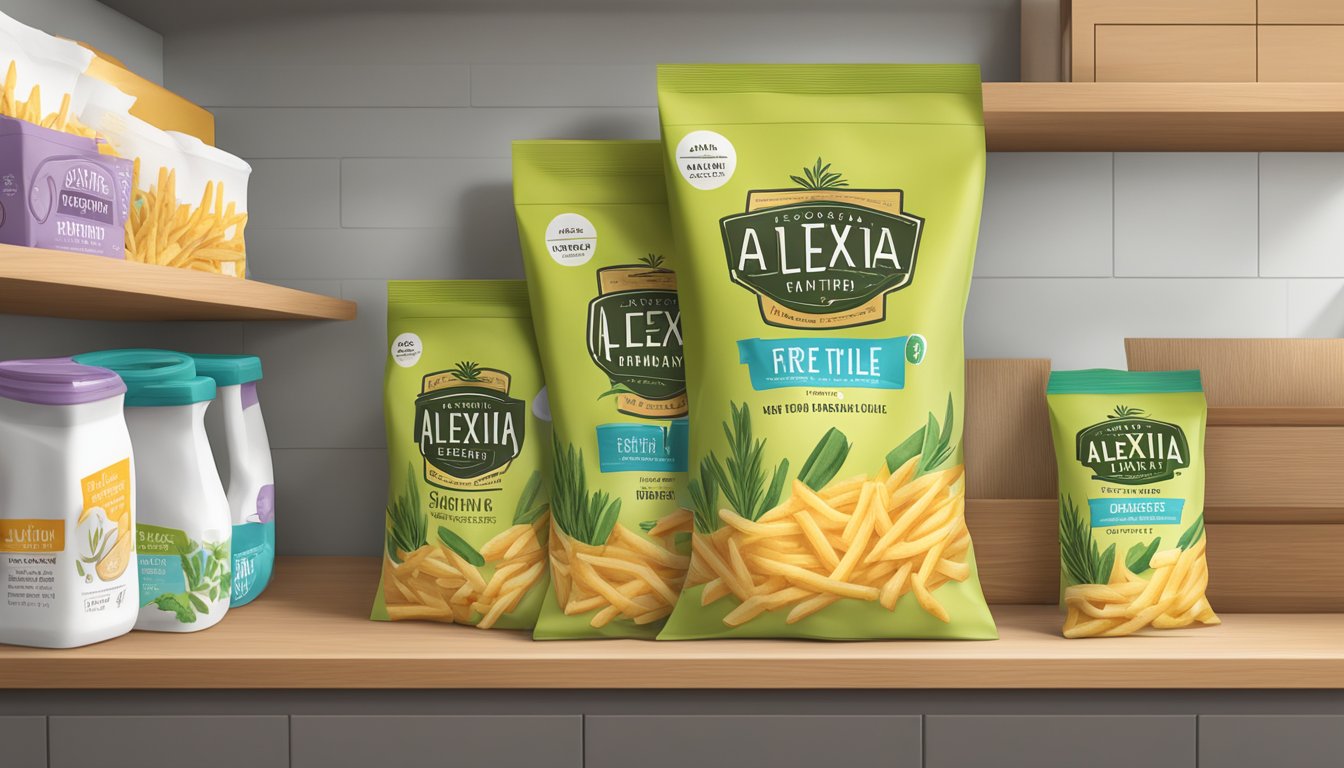 A bag of Alexia rosemary fries sits unopened on a clean, organized pantry shelf