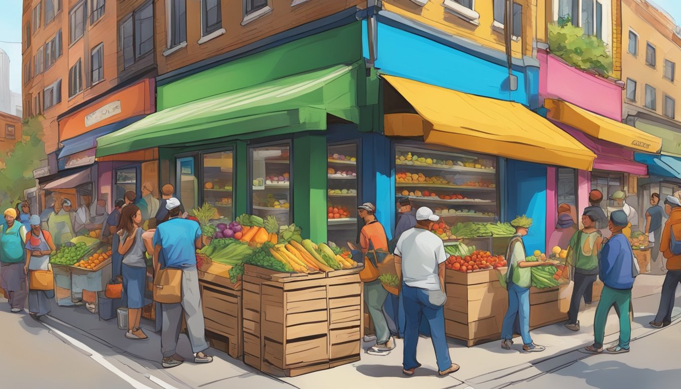 A bustling street corner with a colorful, graffiti-covered refrigerator filled with fresh produce and packaged goods, surrounded by a diverse group of people