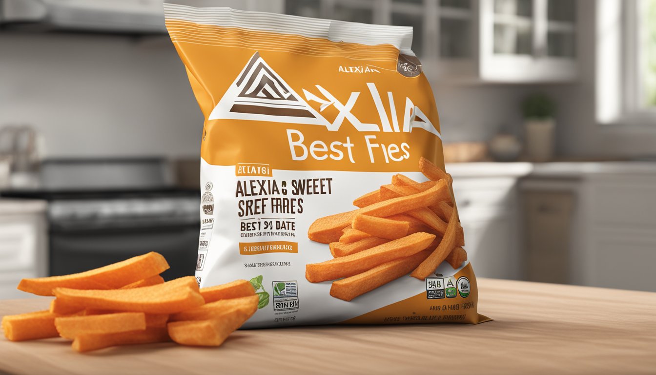 A bag of Alexia sweet potato fries sits unopened on a kitchen counter, with a "best by" date visible on the packaging