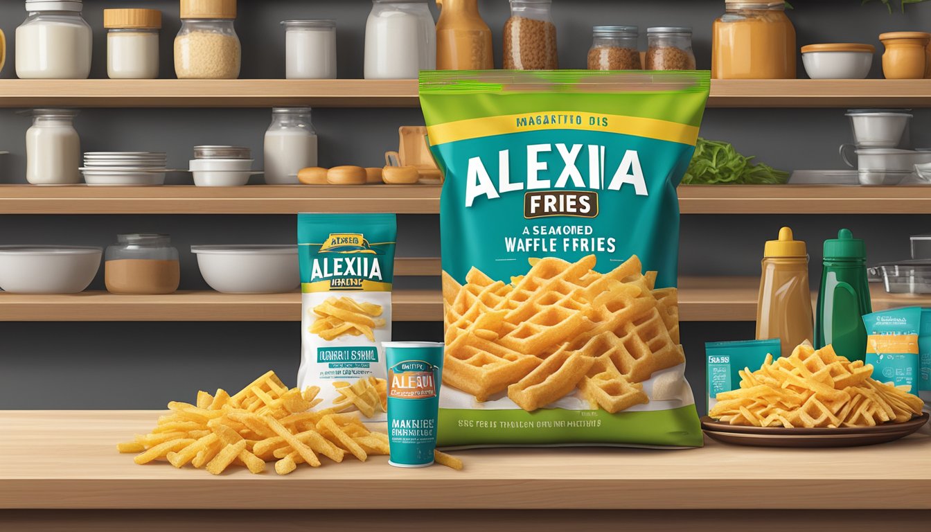 A bag of Alexia seasoned waffle fries sits on a kitchen shelf, surrounded by other pantry items. The expiration date is visible on the packaging