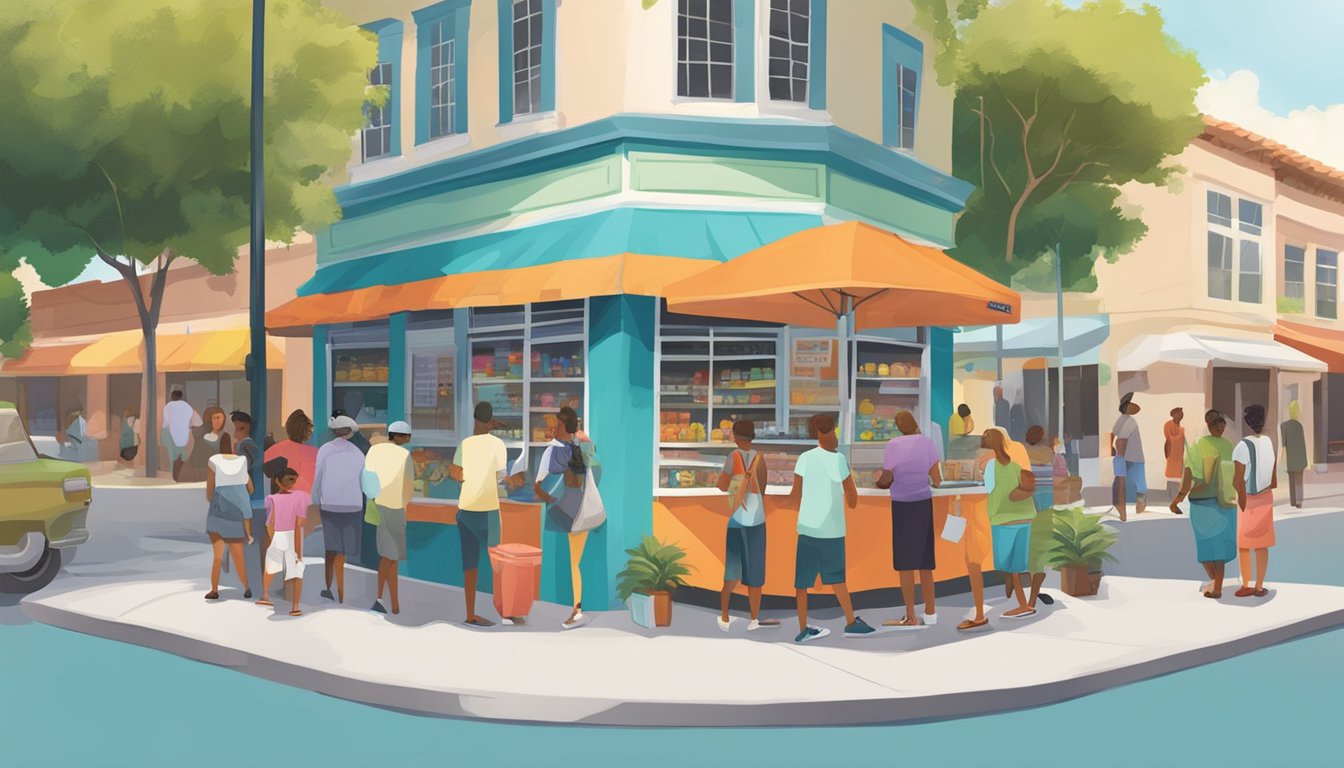 A bustling street corner in Coral Springs, FL, with a colorful community fridge surrounded by smiling locals sharing food and stories