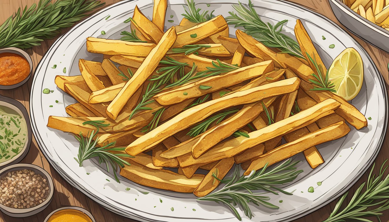 A plate of golden Alexia rosemary fries sits next to a steaming dish, surrounded by fresh herbs and spices