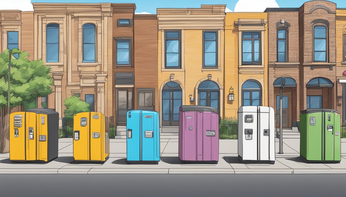 A row of colorful community fridges nestled against a backdrop of local buildings in Fort Collins, Colorado