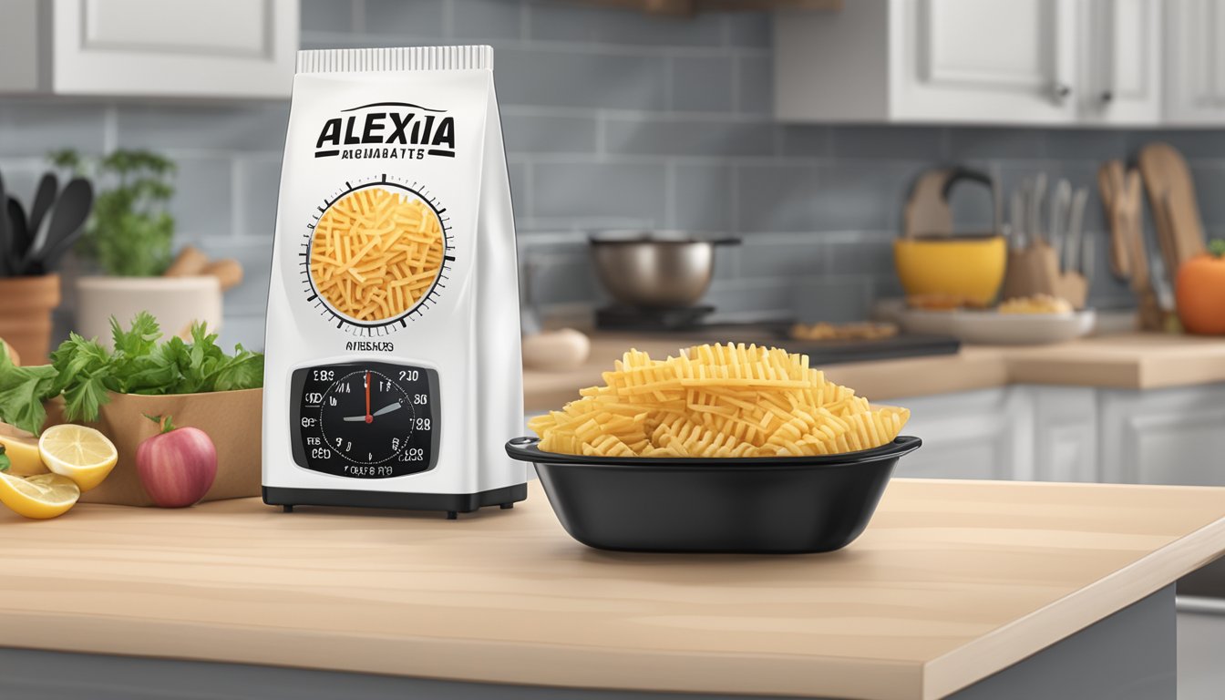 A bag of Alexia seasoned waffle fries sits on a kitchen counter next to a timer set for the recommended cooking time