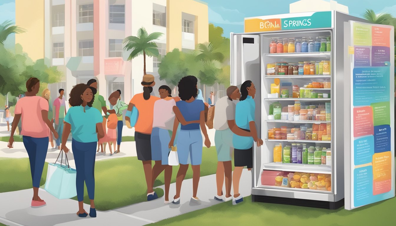 A colorful community fridge surrounded by diverse people in Coral Springs, FL, with event flyers and information displayed nearby