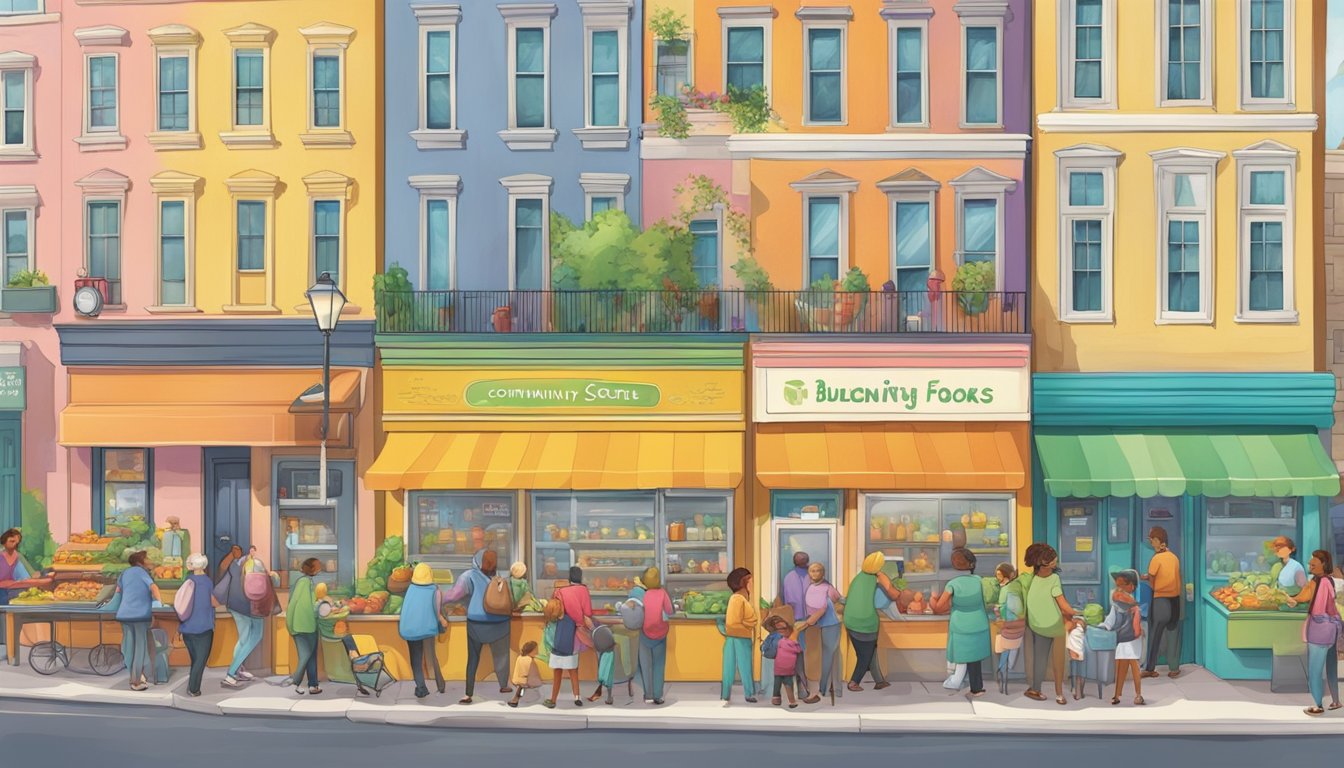 A bustling street corner with a colorful community fridge surrounded by people of all ages and backgrounds, exchanging food and sharing smiles