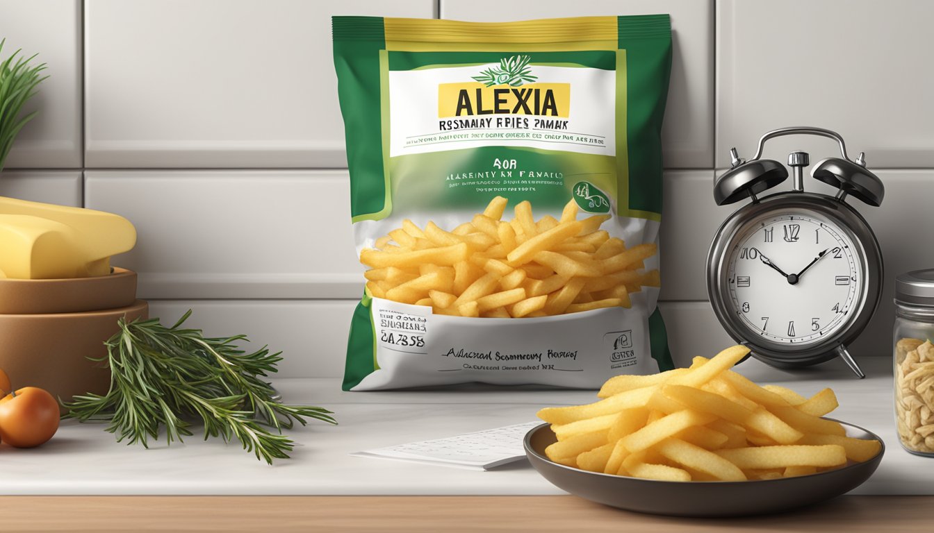 A bag of Alexia rosemary fries sits on a kitchen counter, next to a calendar showing the current date and a clock indicating the time