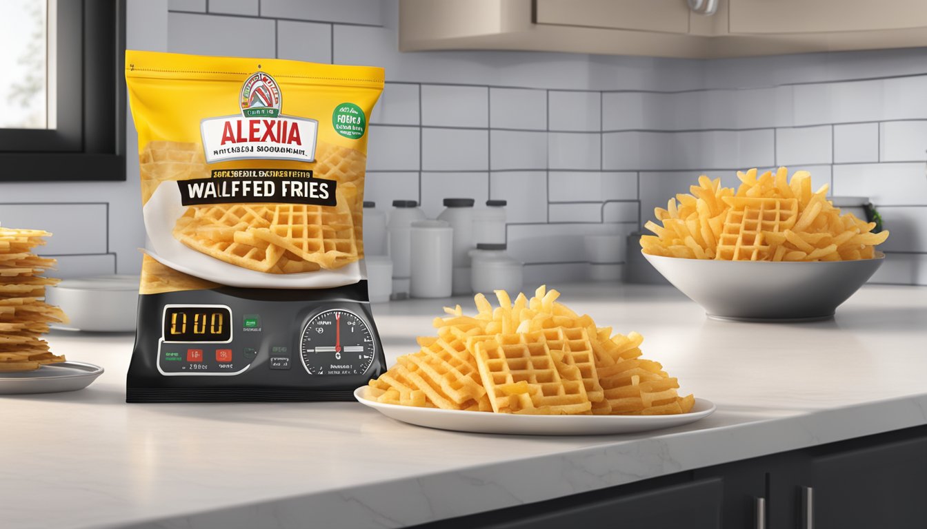 A bag of Alexia seasoned waffle fries sits on a clean kitchen counter next to a timer set for the recommended cooking time