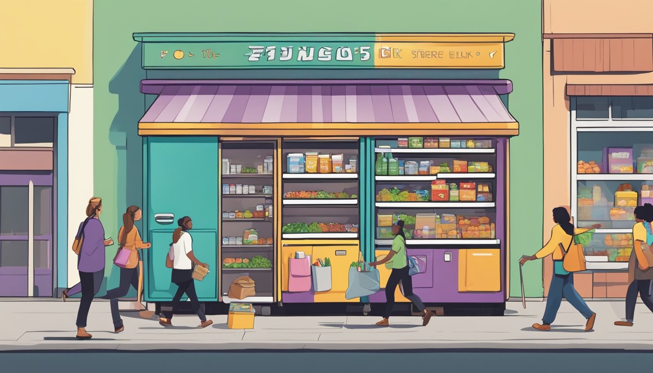 A colorful community fridge stands against a backdrop of a bustling Lakeland street, with people dropping off and picking up food items