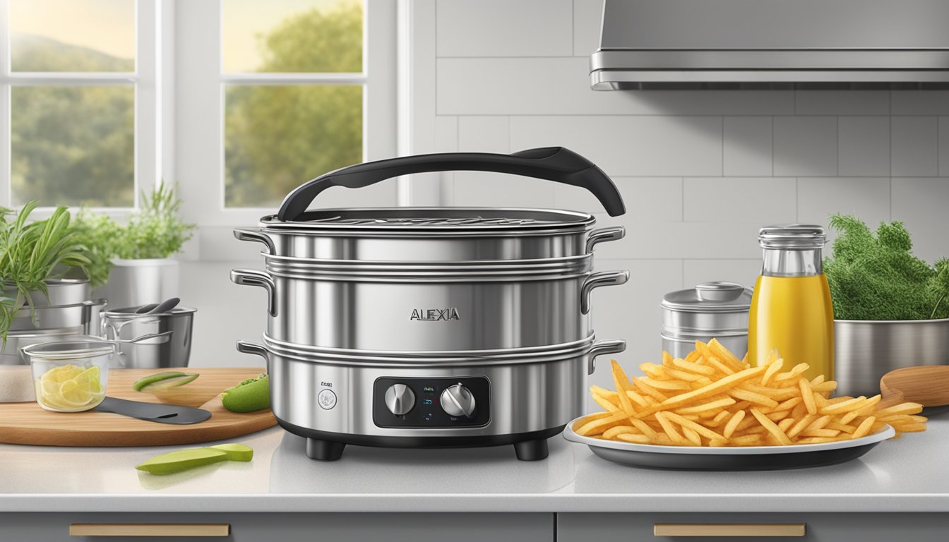 A basket of Alexia rosemary fries sits on a clean, stainless steel countertop, surrounded by various kitchen utensils and appliances