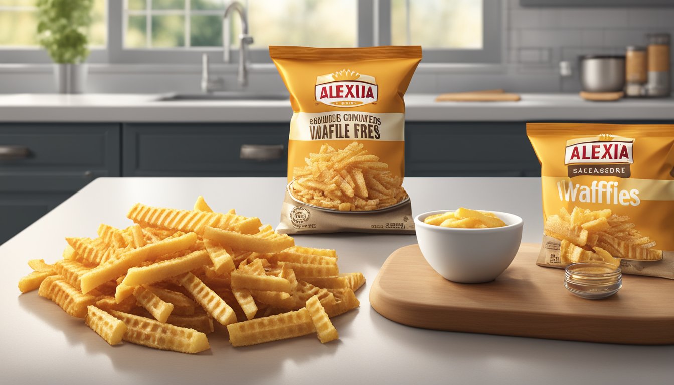 A bag of Alexia seasoned waffle fries sits on a kitchen counter, with a few fries spilling out onto the counter. The fries are golden brown and have a crispy texture