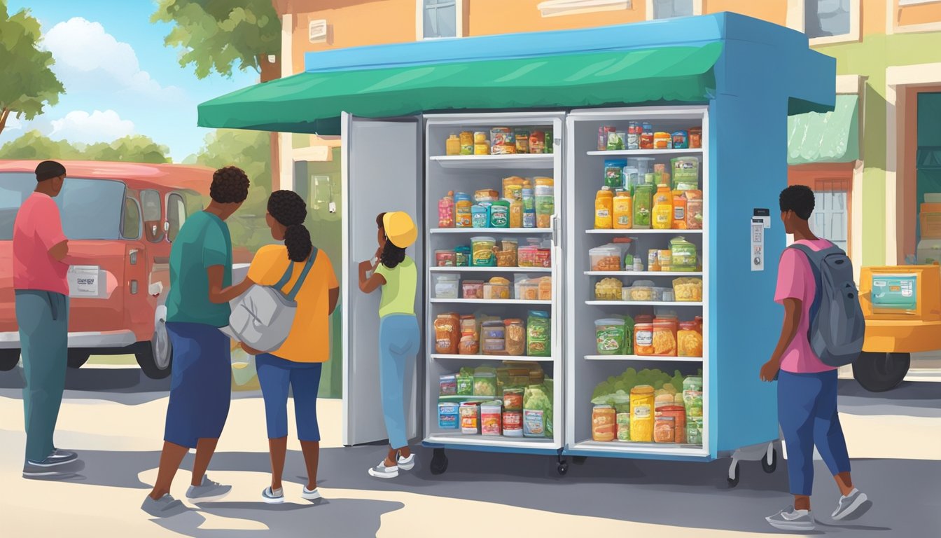 A colorful local community fridge surrounded by people donating and taking food items in Lakeland, FL