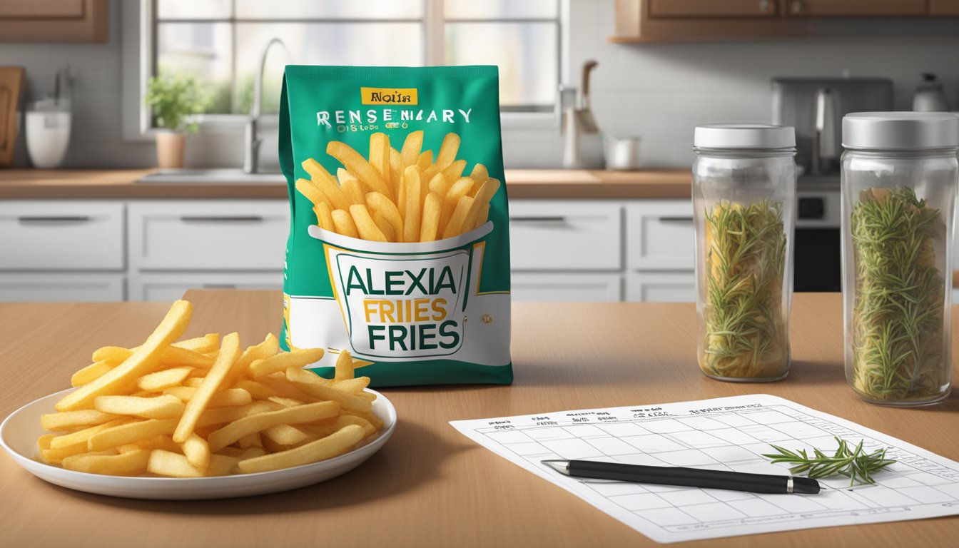 A bag of Alexia rosemary fries sits on a kitchen counter, next to a calendar showing the date of purchase. The fries are unopened and appear to be in good condition