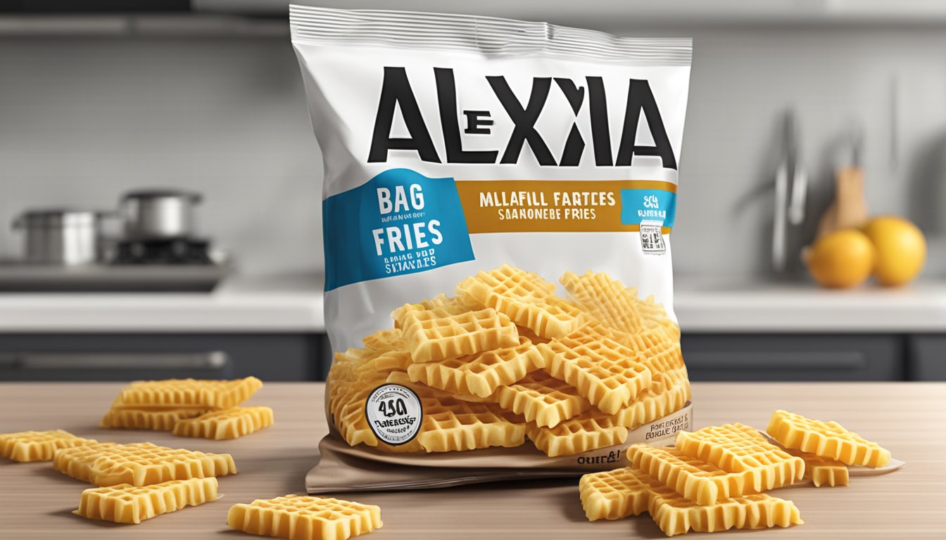 A bag of Alexia seasoned waffle fries sits unopened on a kitchen counter, with a clear expiration date visible on the packaging