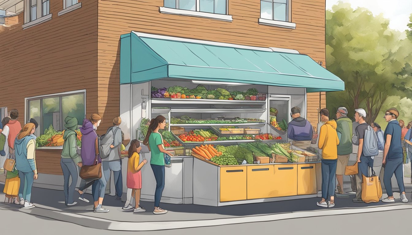 A bustling community fridge in Fort Collins, Colorado, filled with fresh produce and packaged goods, surrounded by eager locals contributing and taking items