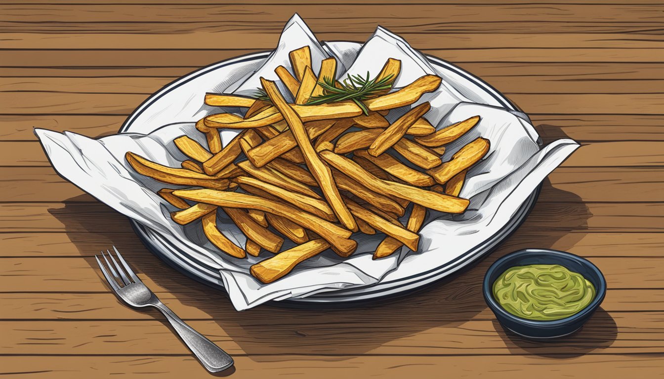 A plate of rosemary fries sits on a wooden table, with a few fries left and a crumpled napkin beside it