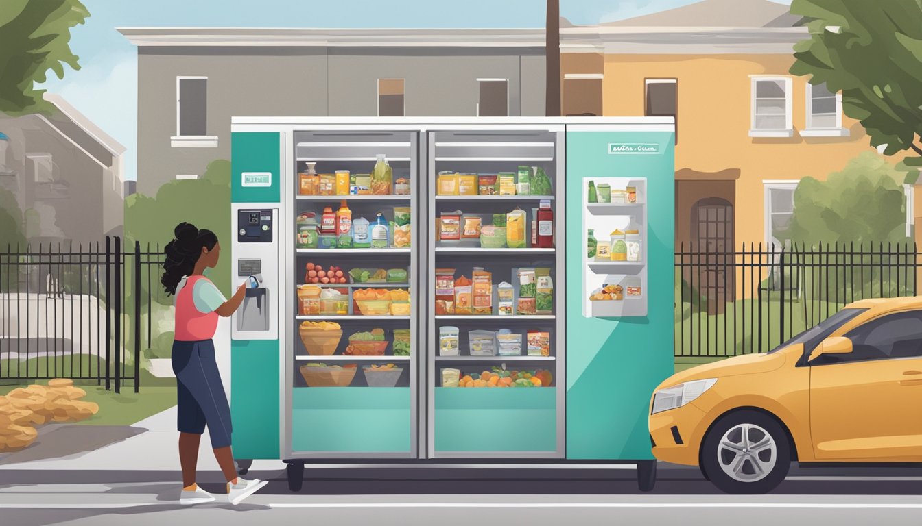 A person placing food in a community fridge with a backdrop of a diverse neighborhood in Lakeland, FL