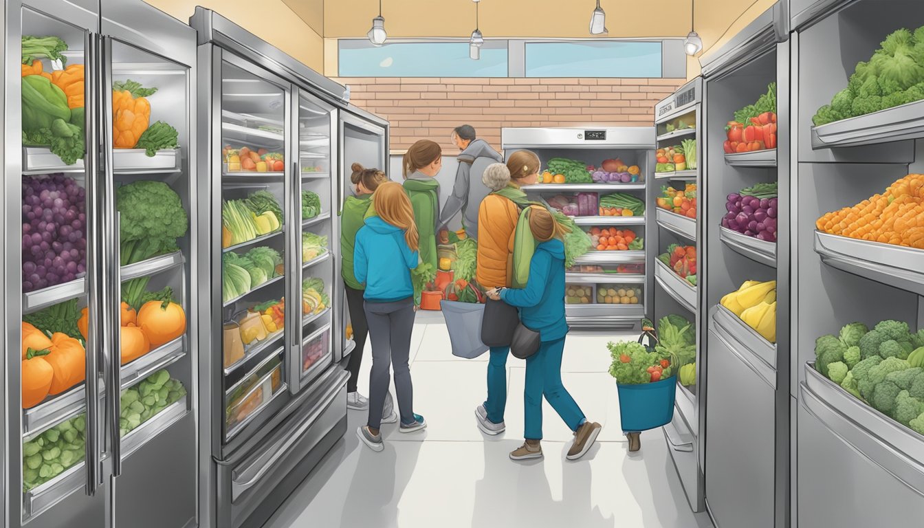 A bustling local community fridge being filled with fresh produce and groceries by volunteers in Fort Collins, CO