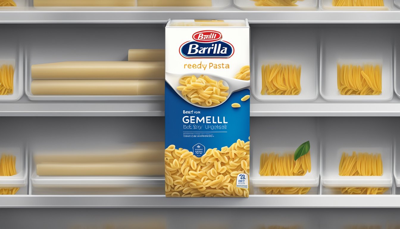 A package of Barilla Ready Pasta Gemelli sitting on a pantry shelf, with a "best by" date clearly visible on the packaging