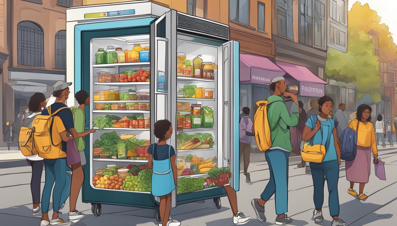 A colorful community fridge surrounded by diverse food donations, with people coming and going in a busy urban setting