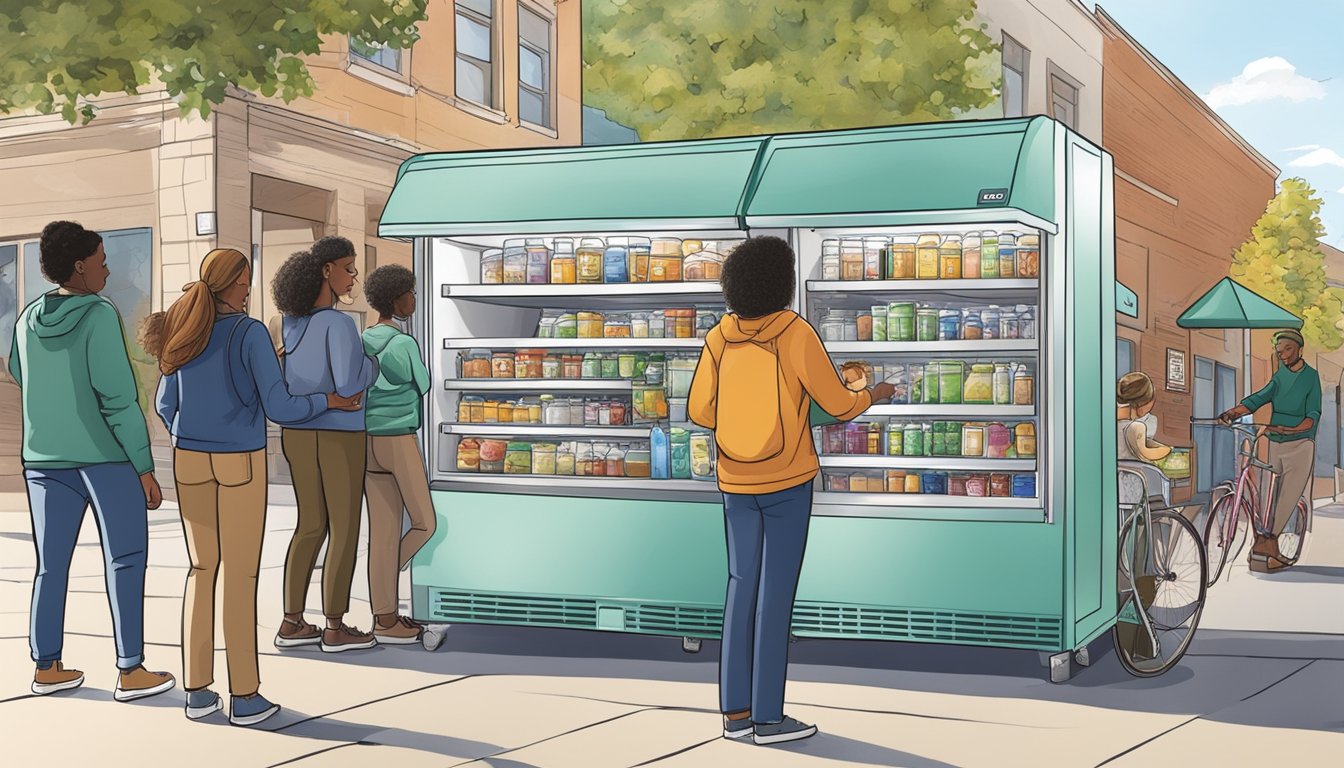 A diverse group of people accessing and restocking a community fridge in Fort Collins, Colorado