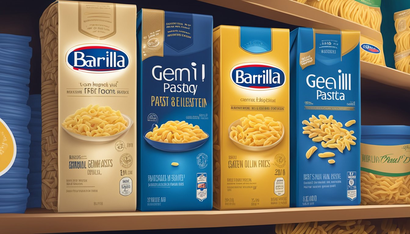 A package of Barilla ready pasta gemelli sits unopened on a pantry shelf, with a "best by" date clearly visible