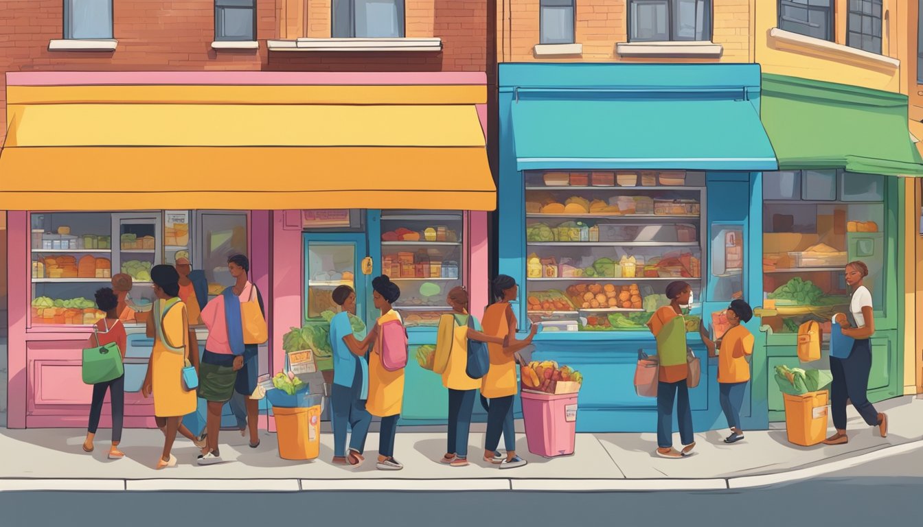 A bustling street corner with a brightly painted fridge filled with food and a diverse group of people exchanging goods and conversation