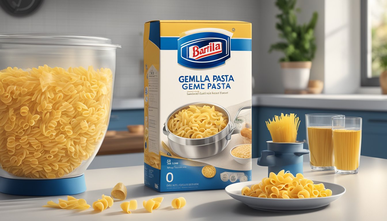 A box of Barilla ready pasta gemelli sits on a kitchen counter, next to a pot of boiling water and a timer