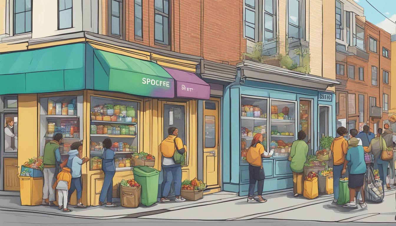 A bustling street corner with a colorful community fridge surrounded by people dropping off and picking up food donations