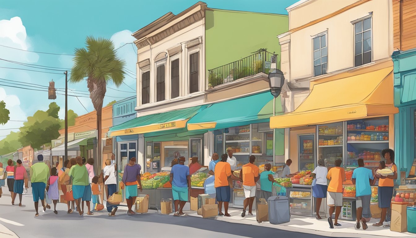 A colorful, bustling street scene with a community fridge surrounded by people exchanging food and goods in Lakeland, FL