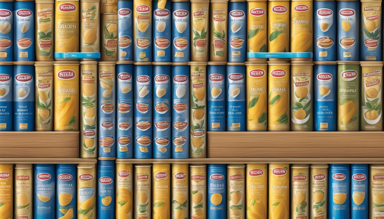 A pantry shelf with Barilla Ready Pasta Gemelli, expiration date visible