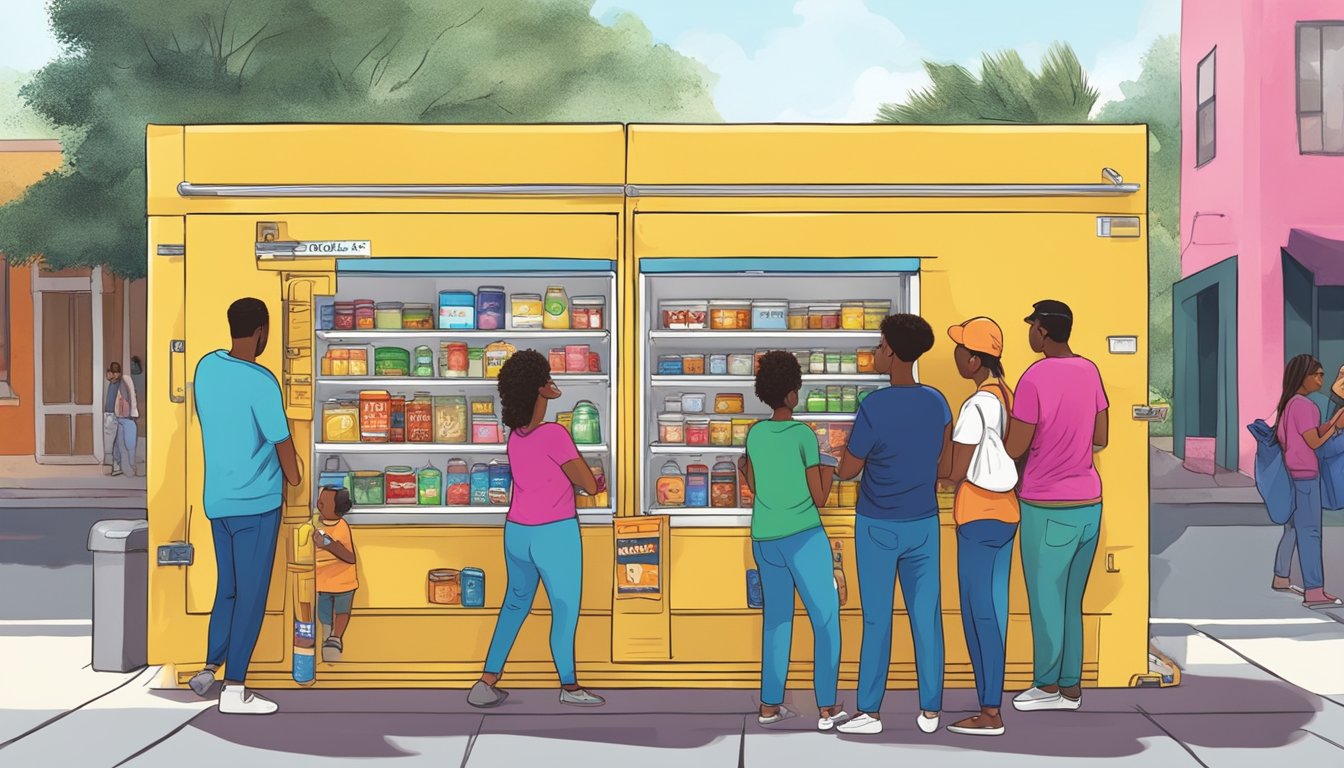 A diverse group of people donate and take food from a brightly painted community fridge in Gainesville, Florida