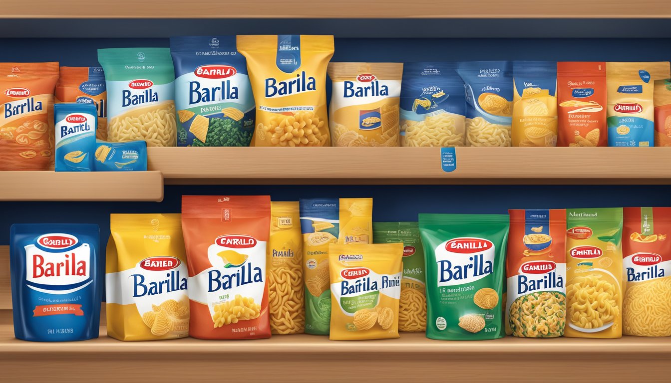 A package of Barilla Ready Pasta Fusilli sits on a pantry shelf, surrounded by other food items. The packaging is clean and unopened