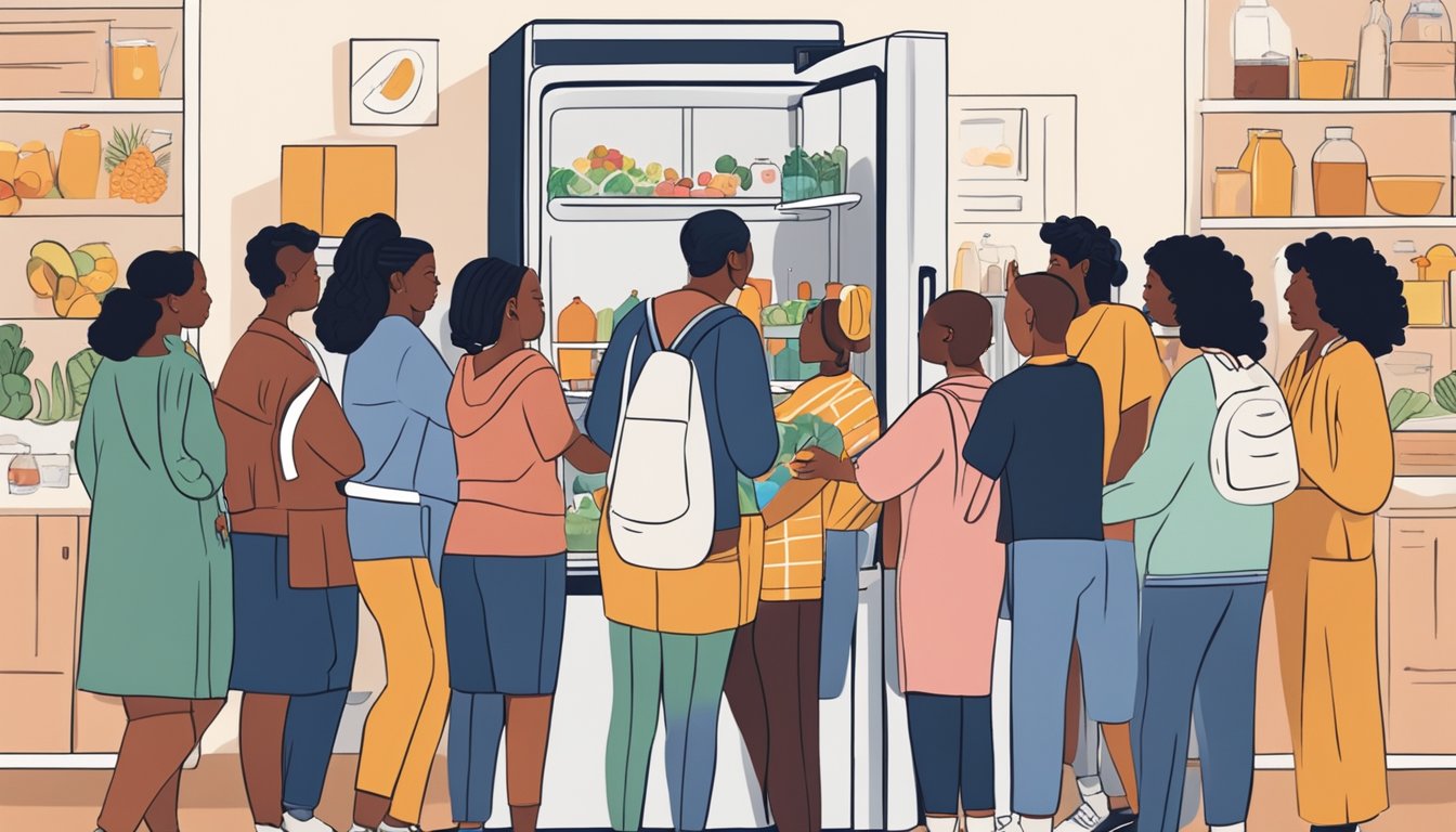 A diverse group of people gather around a community fridge, exchanging food and resources in a spirit of equity and inclusion