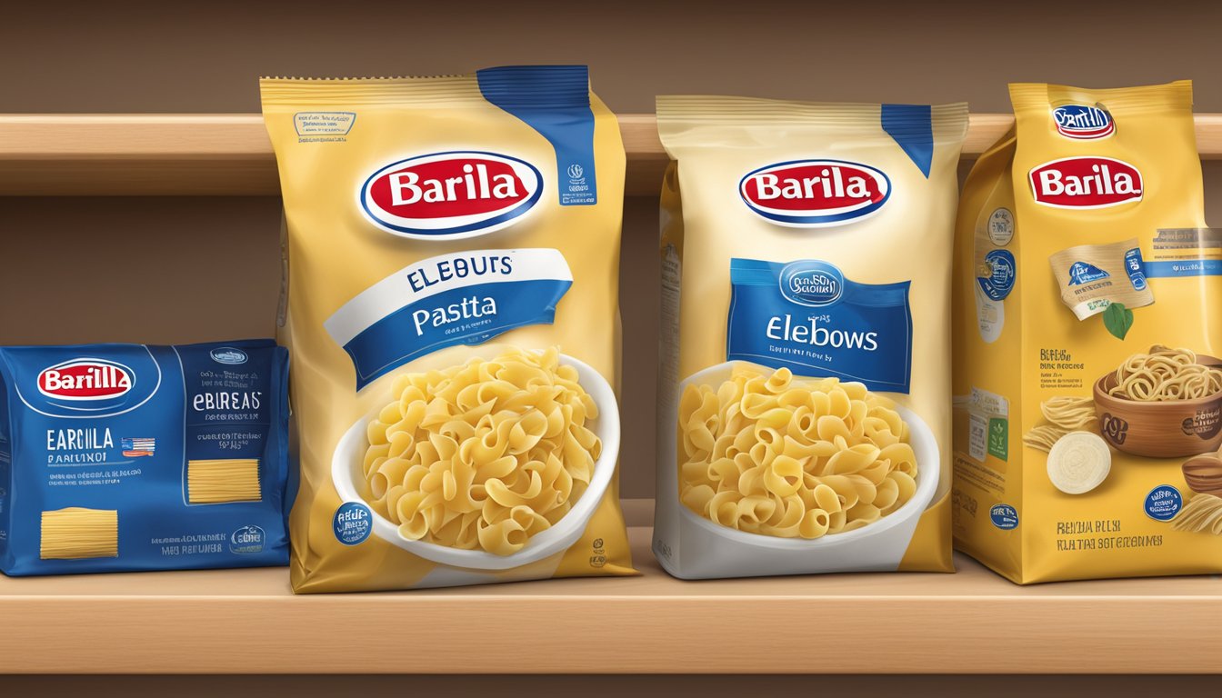 A package of Barilla Ready Pasta elbows sits on a pantry shelf, with a "best by" date clearly visible