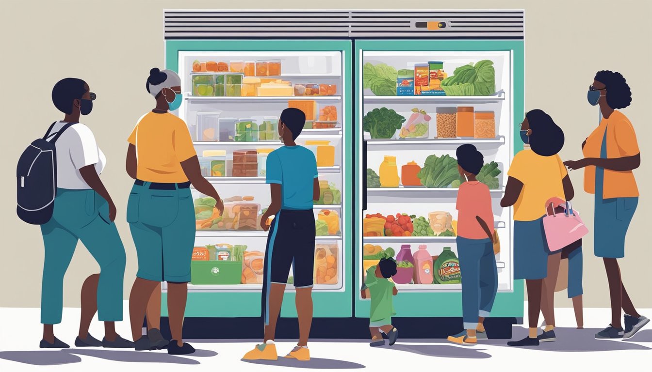 A diverse group of people from the Gainesville community, including families, students, and elderly individuals, are seen accessing the community fridge, contributing and taking food items