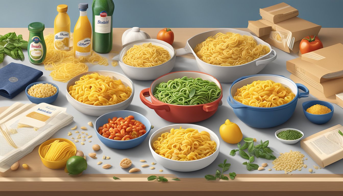 A kitchen counter with open boxes of Barilla Ready Pasta Gemelli, surrounded by fresh ingredients and recipe books