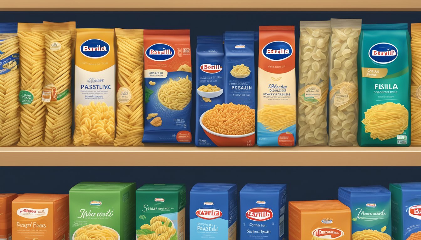 A sealed package of Barilla ready pasta fusilli sits on a pantry shelf, surrounded by other dry goods. The expiration date is clearly visible on the packaging