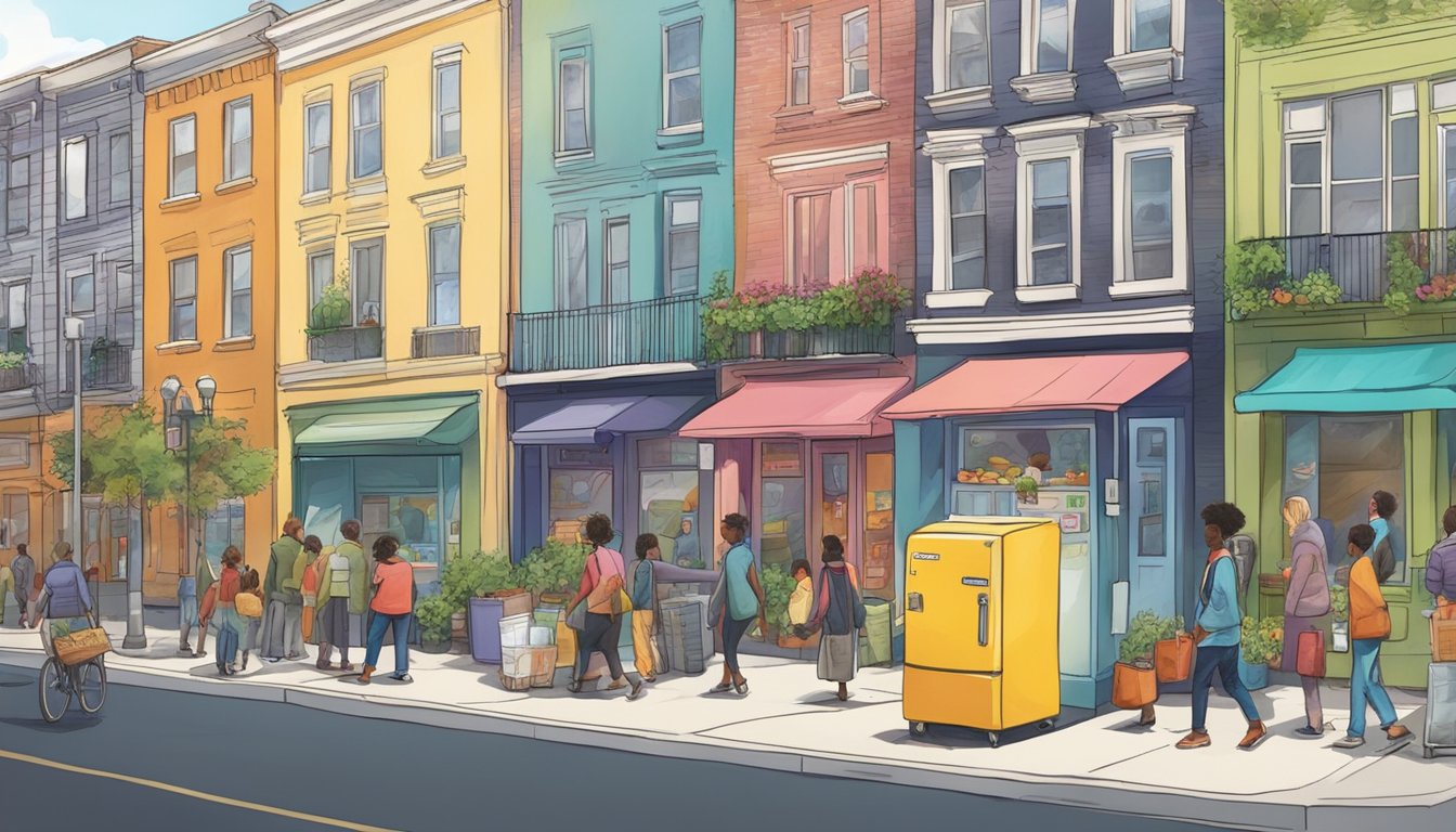 A bustling neighborhood street with a brightly painted community fridge surrounded by people donating and taking food